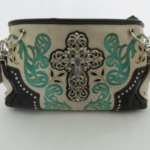 American Bling Concealed Carry Handbag Purse, Embroidered, Studded Cross, Brown